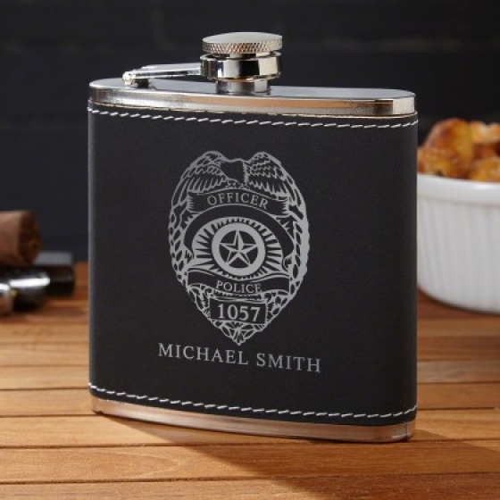 Black Suede Police Badge Hip Flask